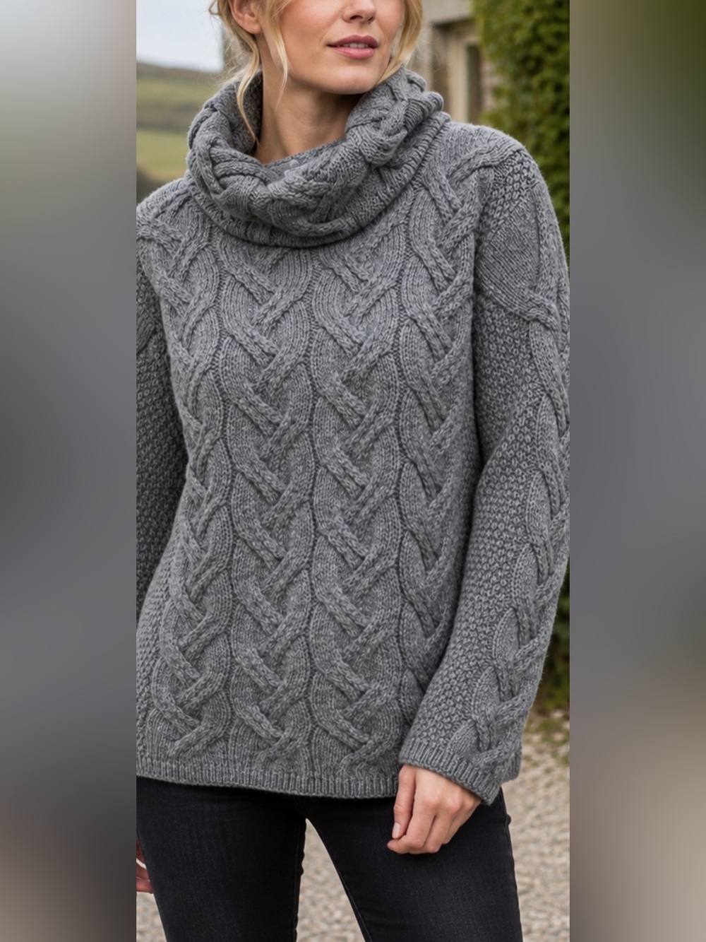 Aran Ireland Merino Wool Cable Knit Cowl Neck Sweater Gray Women’s M
